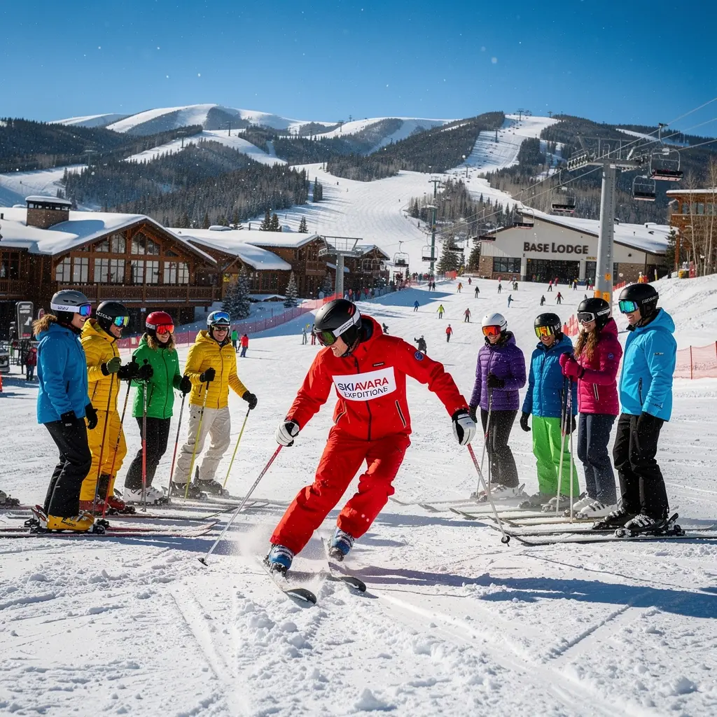Grupa osób na stoku narciarskim podczas lekcji jazdy na nartach.