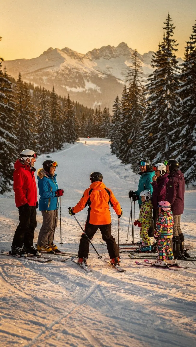 Zbliżenie na sprzęt narciarski przygotowany do wypożyczenia.