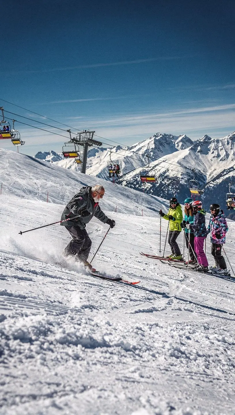 Grupa osób cieszących się jazdą na nartach w słoneczny dzień.