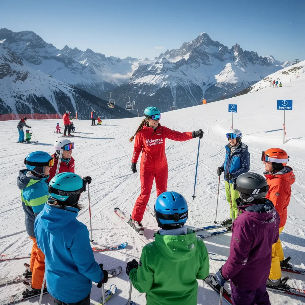 Zimowy krajobraz górski z narciarzami na stoku.