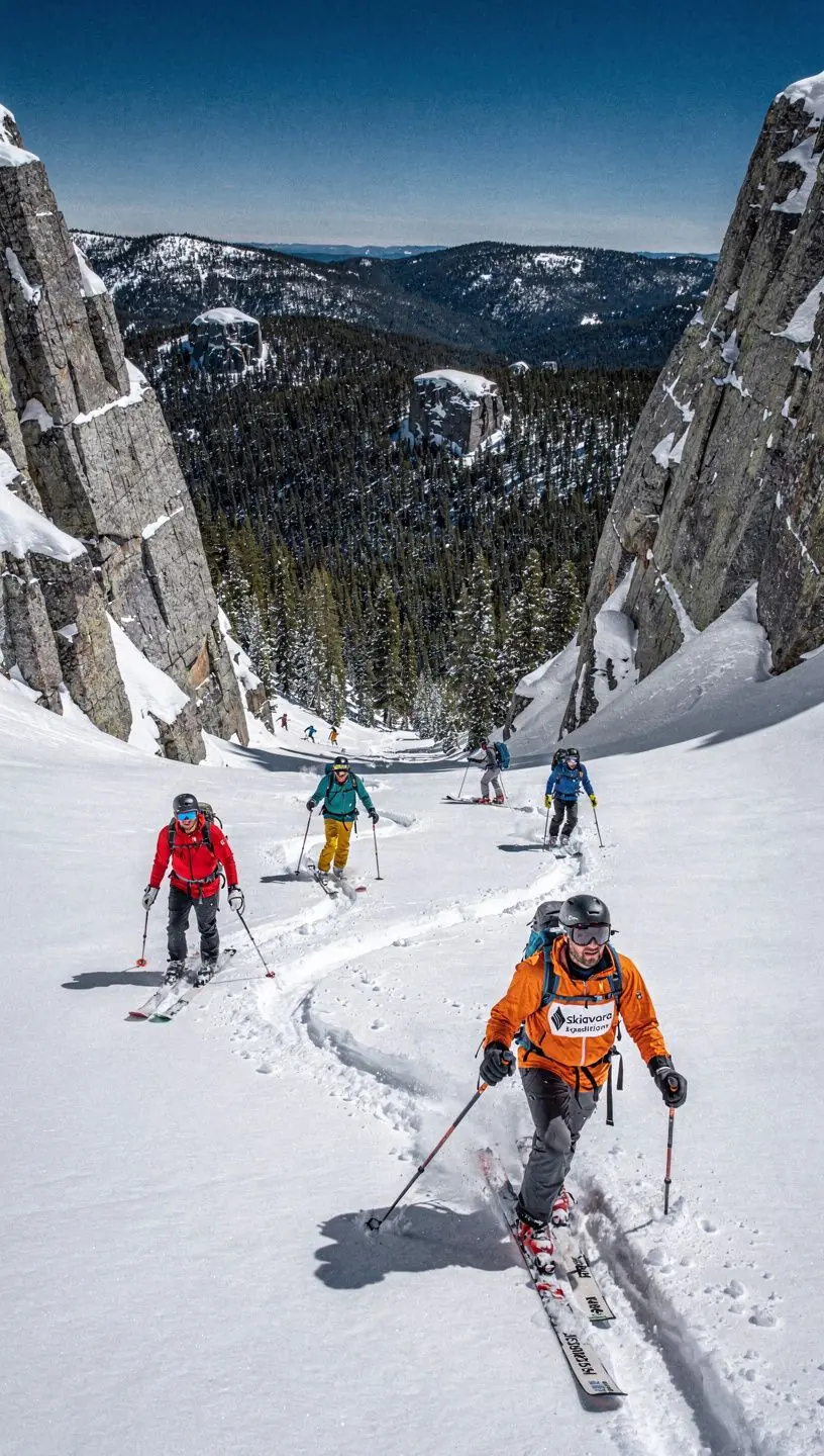 Zimowy krajobraz górski z narciarzami, którzy korzystają z wypożyczonego sprzętu oraz uczestniczą w lekcjach jazdy na nartach.