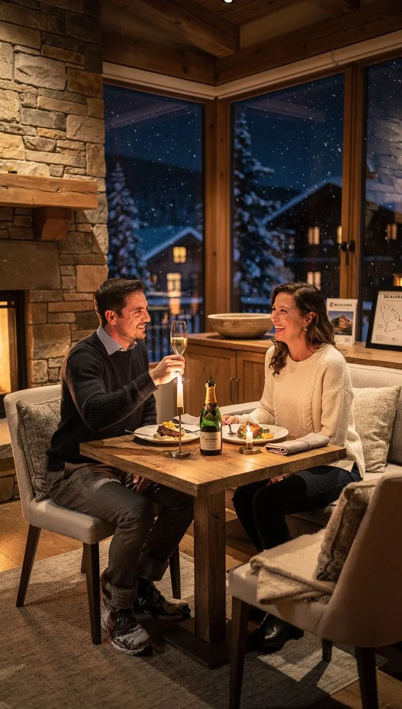 Zimowy krajobraz górski z narciarzami zjeżdżającymi po stoku w słoneczny dzień.