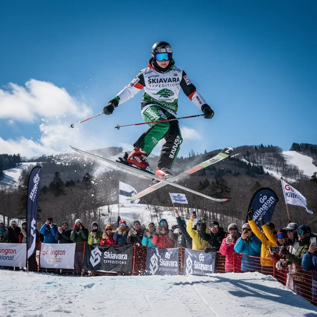 Zimowy krajobraz z ośnieżonymi górami i narciarzami szusującymi po zboczu.