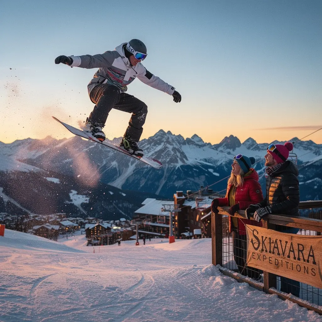 Piękna zimowa sceneria z ośnieżonymi drzewami i górami w tle.